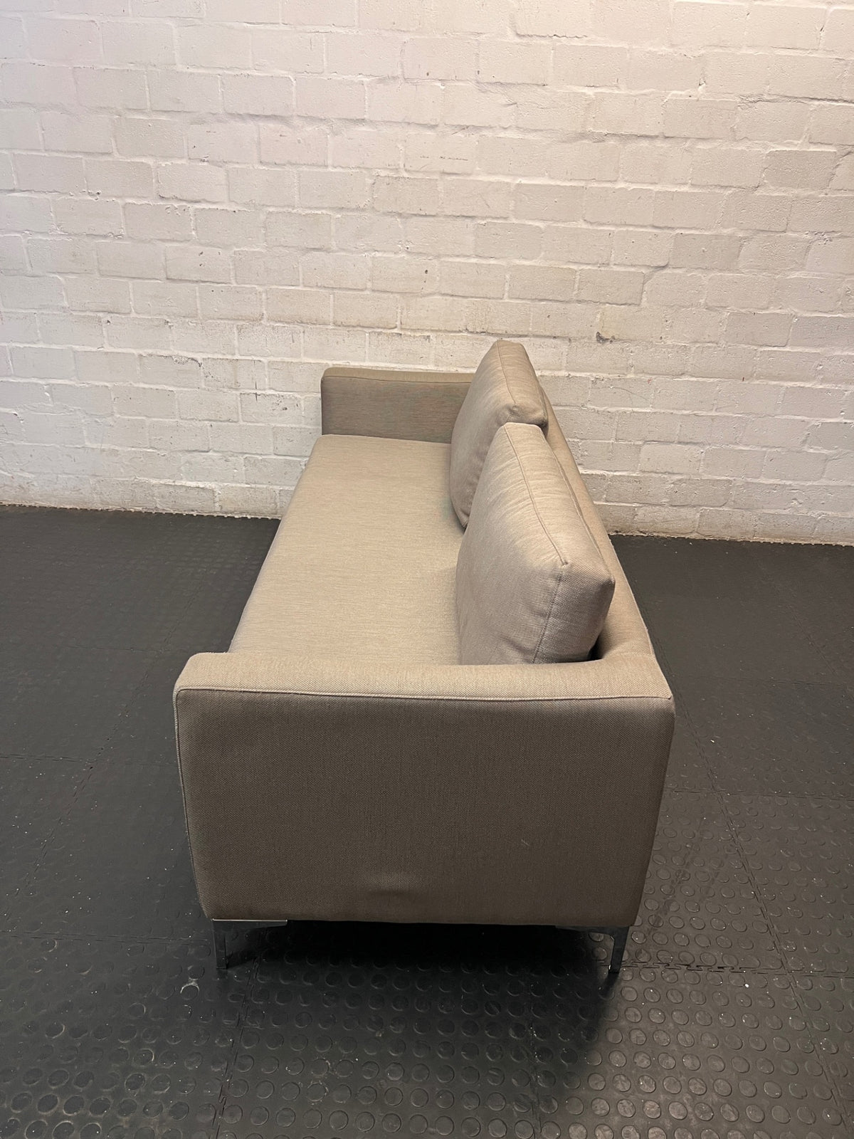 Modern Grey Linen-Type 3 Seater Couch with Metal Legs — Good Condition with Light Wear – side view