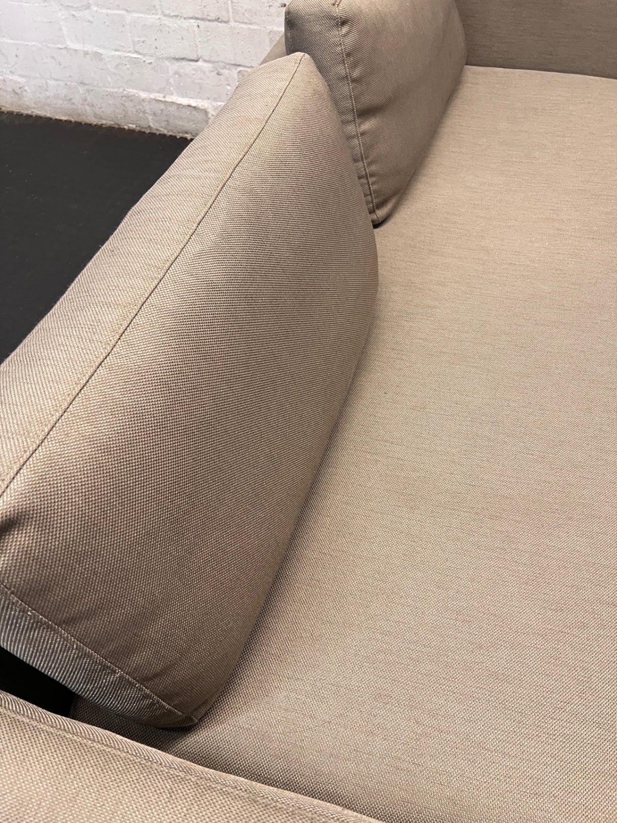 Modern Grey Linen-Type 3 Seater Couch with Metal Legs — Good Condition with Light Wear – top view