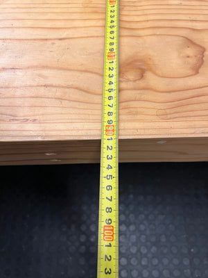 Rustic Oak-Tone Wooden Dining and Work Table — Unfinished Wood with Paint Splatter and Water Rings – depth measurement