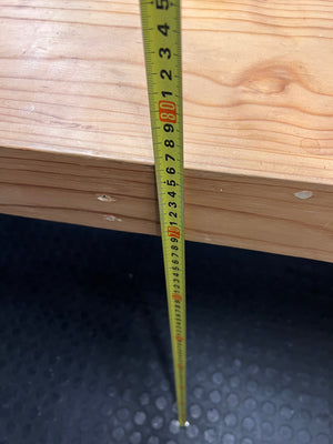 Rustic Oak-Tone Wooden Dining and Work Table — Unfinished Wood with Paint Splatter and Water Rings – height measurement
