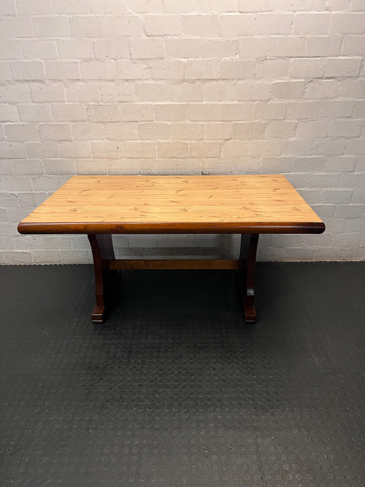 Two-Tone Wooden Trestle Dining Table — Fair Used Condition – main front view