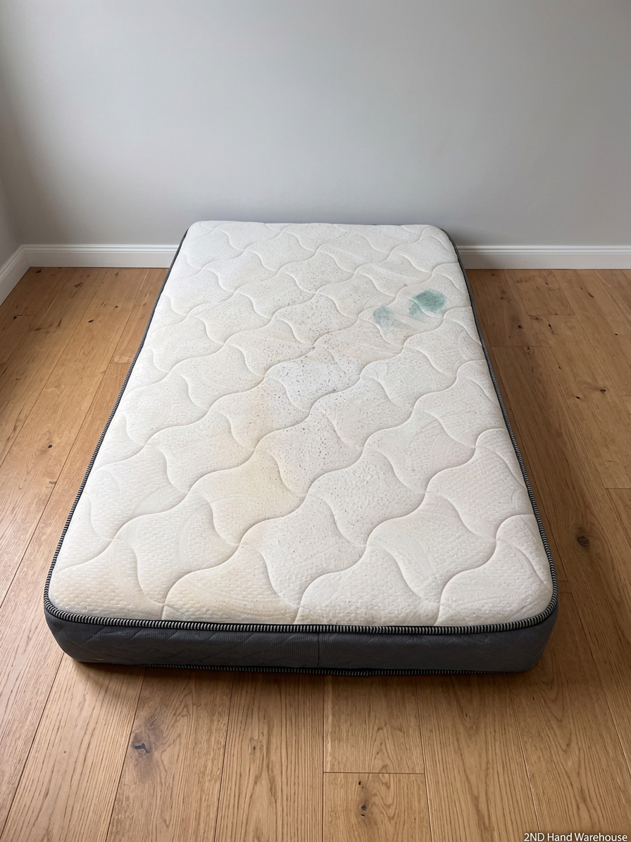 Single White and Grey Quilted Mattress — Surface Burn Mark and Water Damage – styled product image