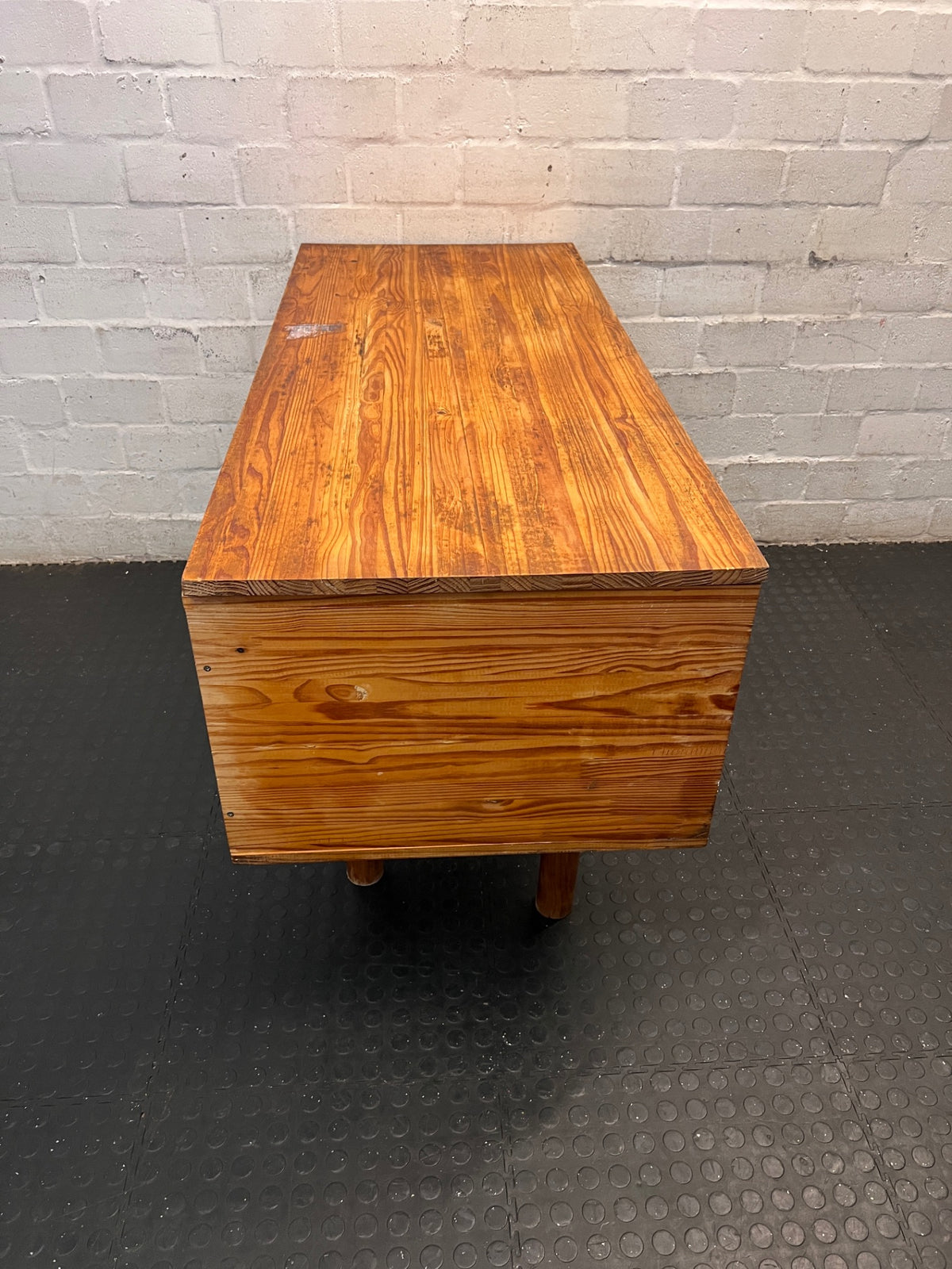 Wooden Office Desk with Open Shelving and Tapered Legs — Adhered Residue and Sticky Wood Surface – back view