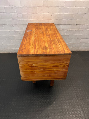 Wooden Office Desk with Open Shelving and Tapered Legs — Adhered Residue and Sticky Wood Surface – back view