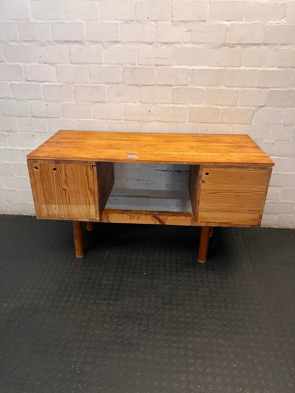 Wooden Office Desk with Open Shelving and Tapered Legs — Adhered Residue and Sticky Wood Surface – condition detail