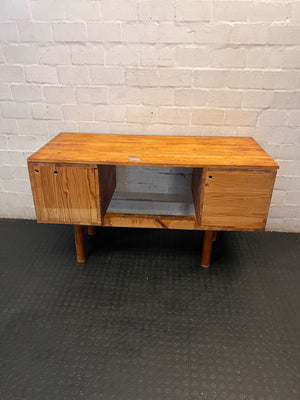 Wooden Office Desk with Open Shelving and Tapered Legs — Adhered Residue and Sticky Wood Surface – condition detail