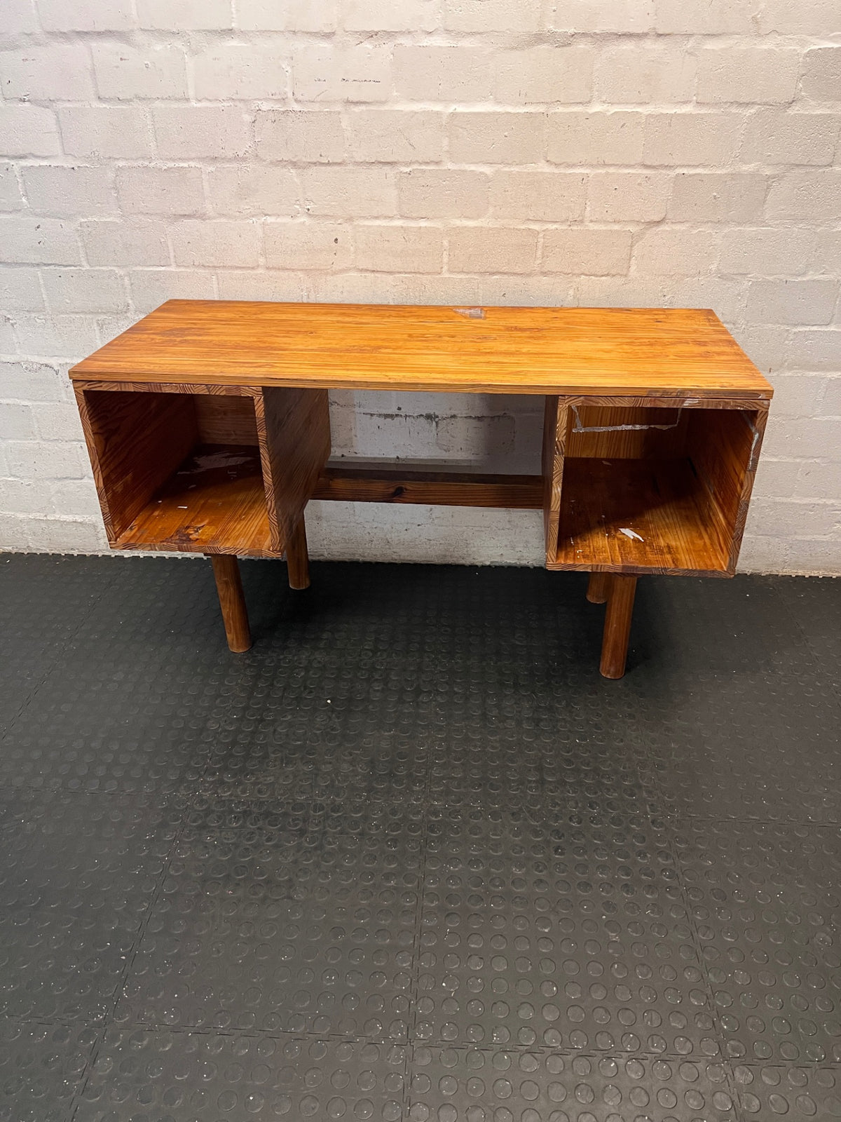 Wooden Office Desk with Open Shelving and Tapered Legs — Adhered Residue and Sticky Wood Surface – main front view