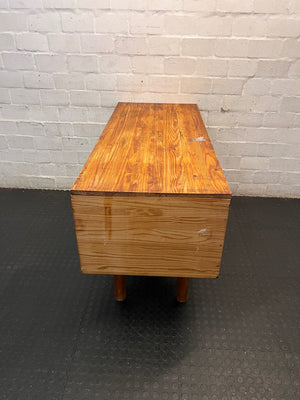 Wooden Office Desk with Open Shelving and Tapered Legs — Adhered Residue and Sticky Wood Surface – side view