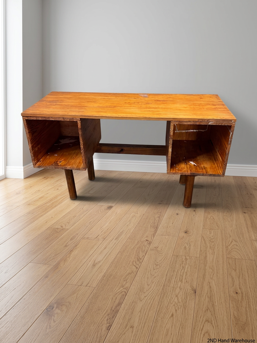 Wooden Office Desk with Open Shelving and Tapered Legs — Adhered Residue and Sticky Wood Surface – styled product image