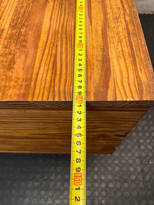 Wooden Office Desk with Open Shelving and Tapered Legs — Adhered Residue and Sticky Wood Surface – width measurement