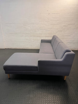 Grey L-Shaped Sectional Couch with Tapered Wood Legs — Cut at Base and Missing Attachment Bracket – back view