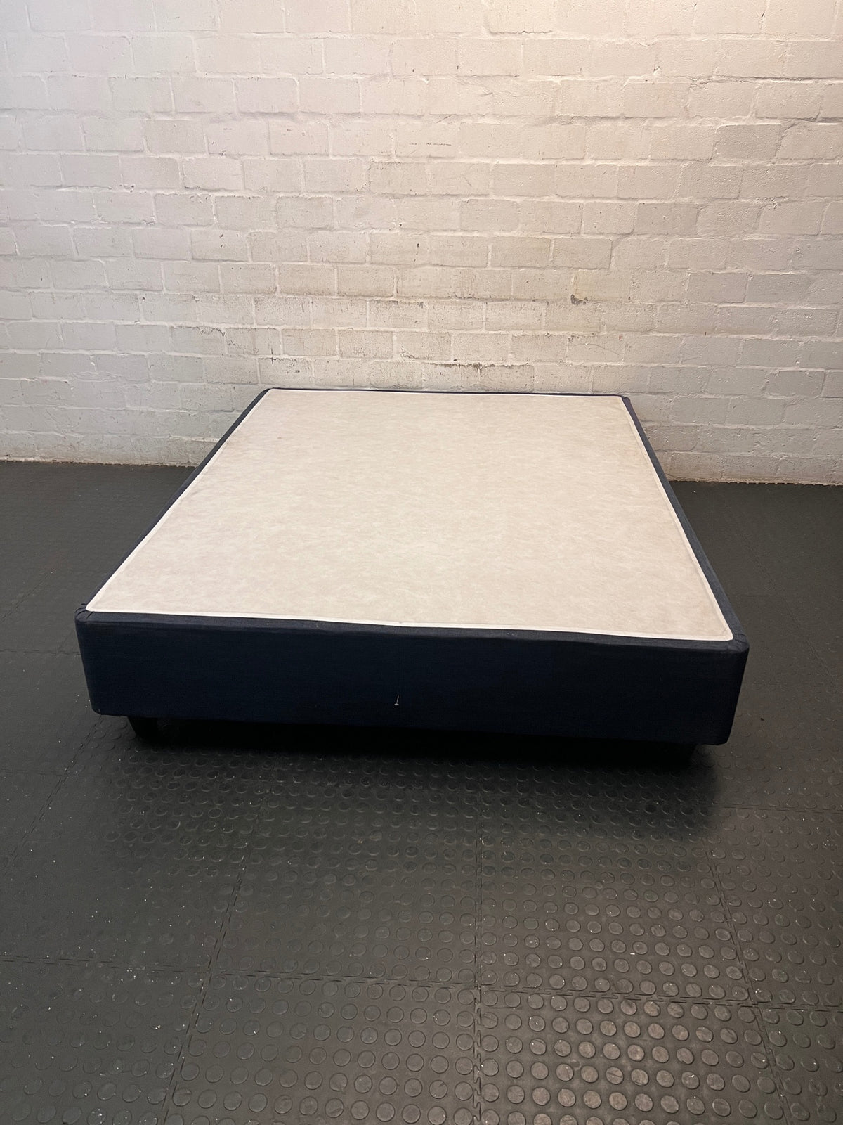 Upholstered Queen Bed Base in Grey — Good Working Order – main front view