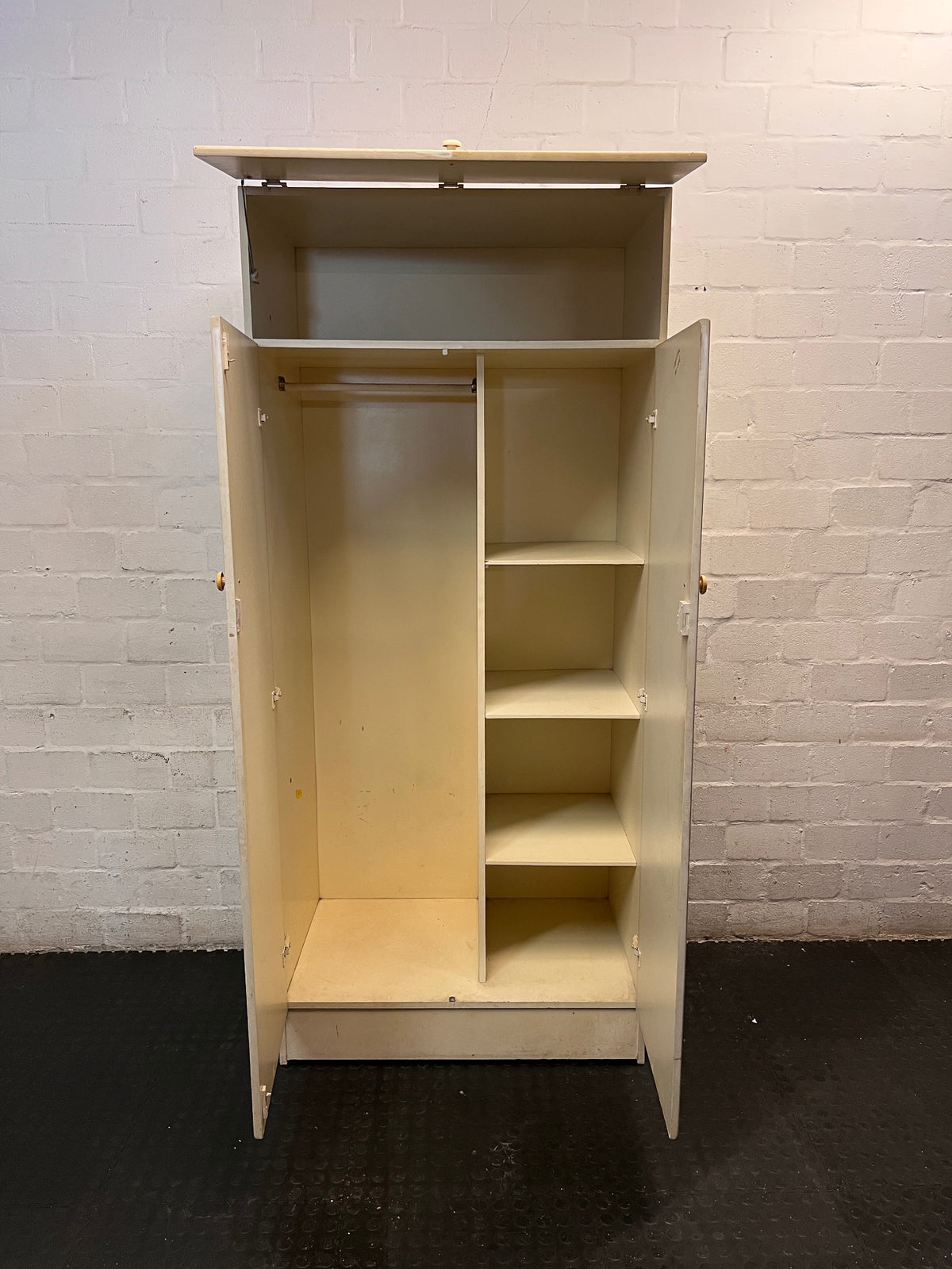 White Two-Door Wardrobe with Top Box – side view