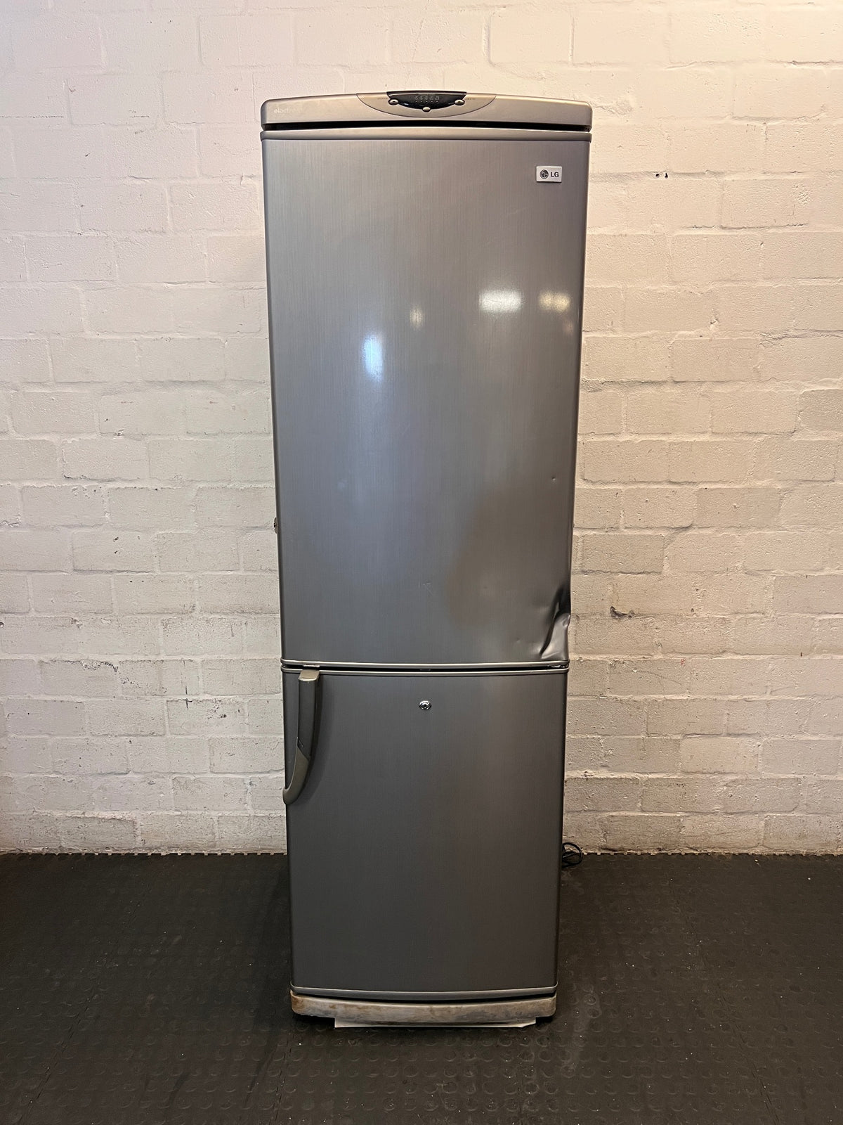LG Silver Upright Fridge-Freezer — Non-Functional Internal Light and Door Dents – main front view