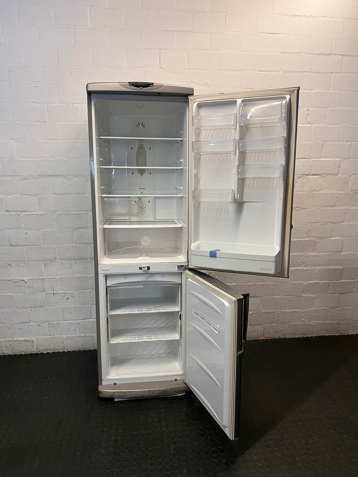 LG Silver Upright Fridge-Freezer — Non-Functional Internal Light and Door Dents – side view