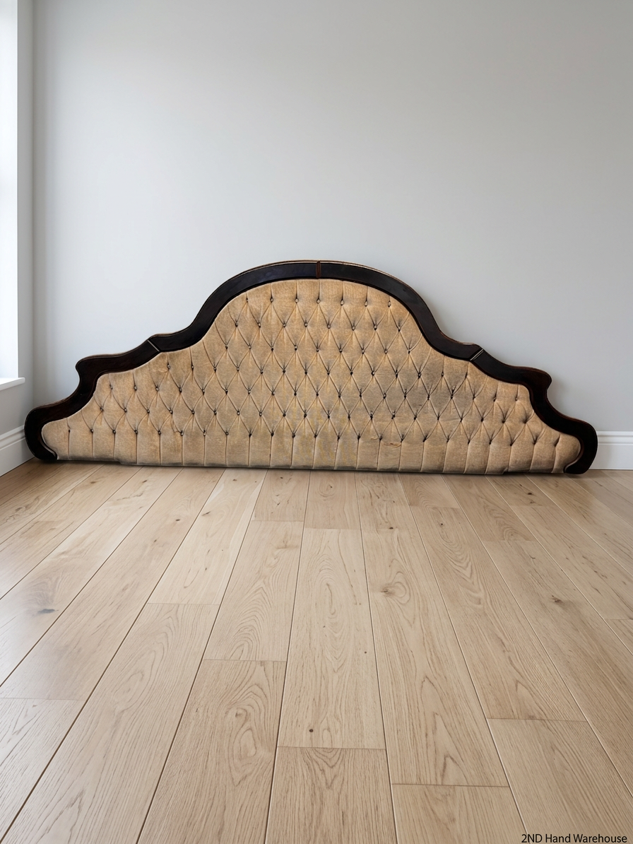 Extra Wide Upholstered Tufted Headboard with Wood Trim – styled product image