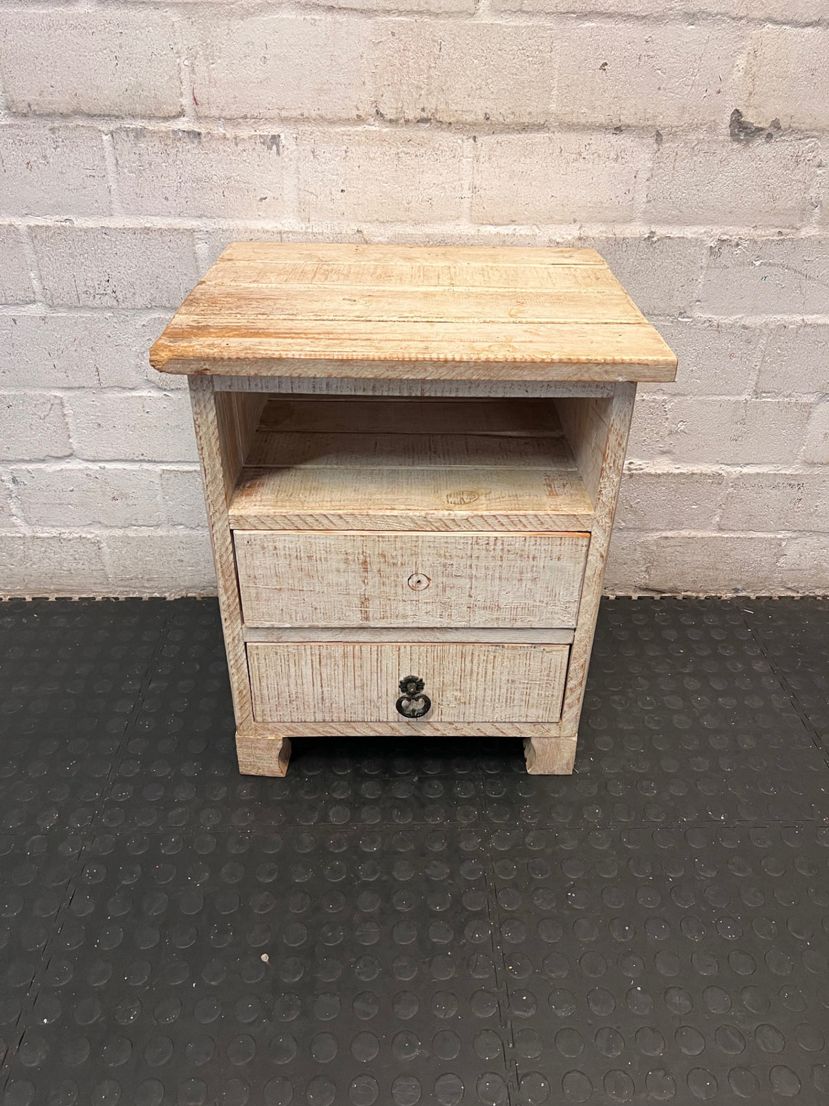 Rustic Whitewashed Wooden Side Table with Drawers – main front view