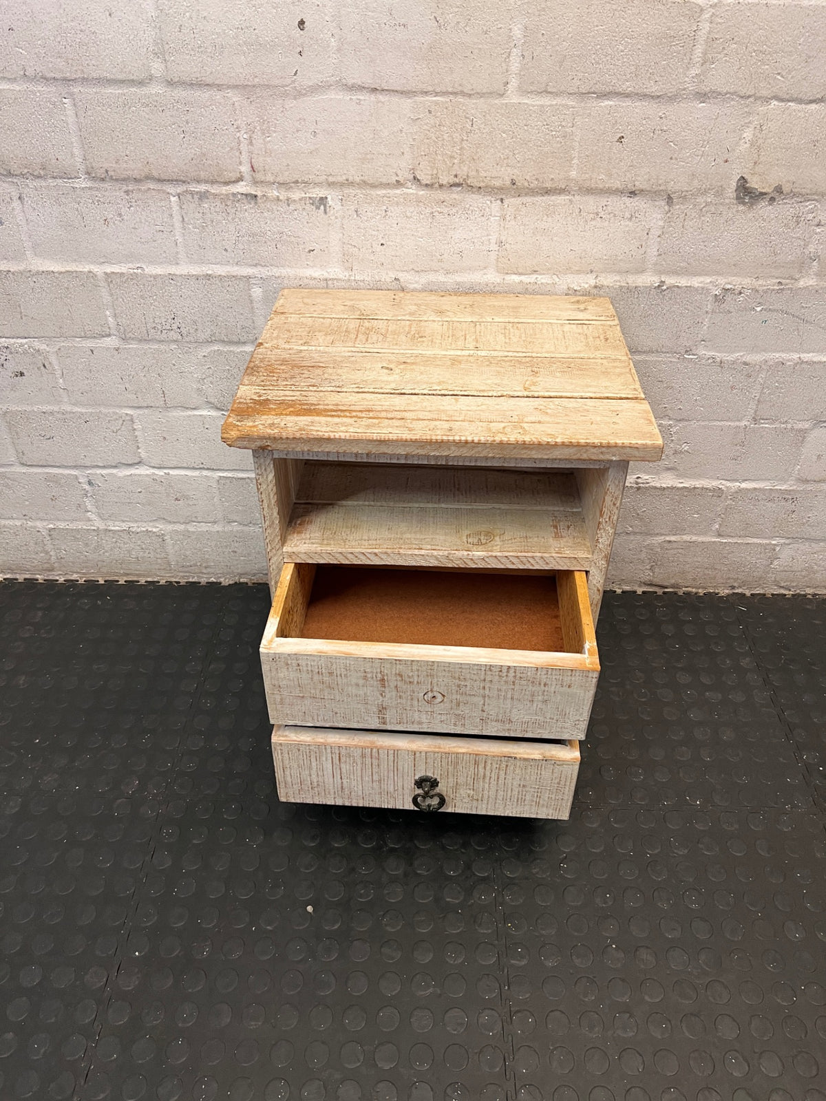 Rustic Whitewashed Wooden Side Table with Drawers – side view