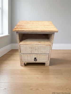 Rustic Whitewashed Wooden Side Table with Drawers – styled product image