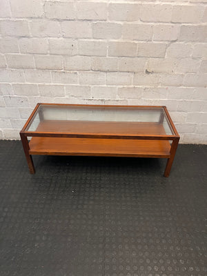 Mid-Century Style Wooden Coffee Table with Glass Top – main front view