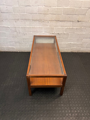 Mid-Century Style Wooden Coffee Table with Glass Top – side view