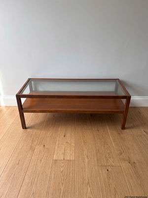 Mid-Century Style Wooden Coffee Table with Glass Top – styled product image
