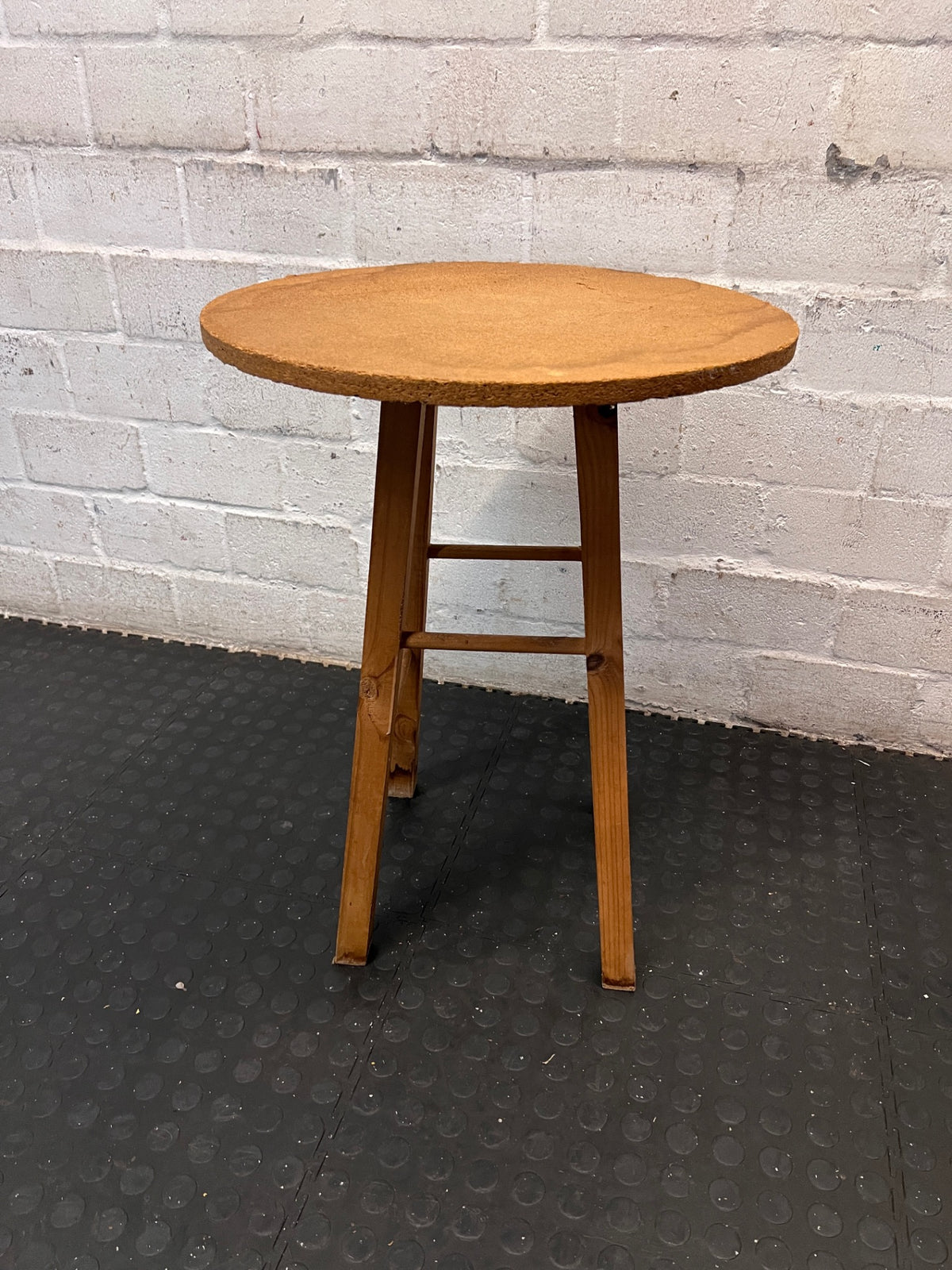 Round Wooden Side Table with Cross-Stretcher Base – side view