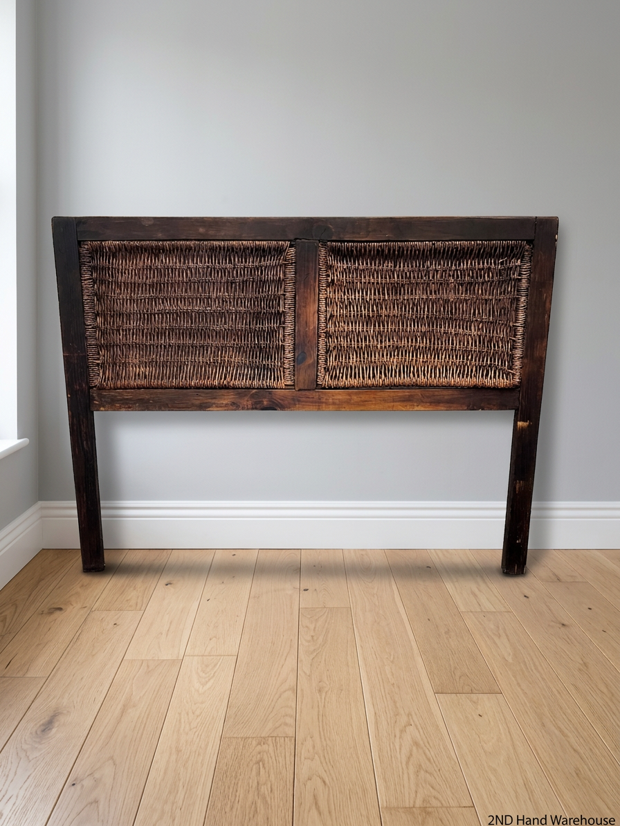 Rustic Wooden and Woven Wicker Queen Headboard – styled product image