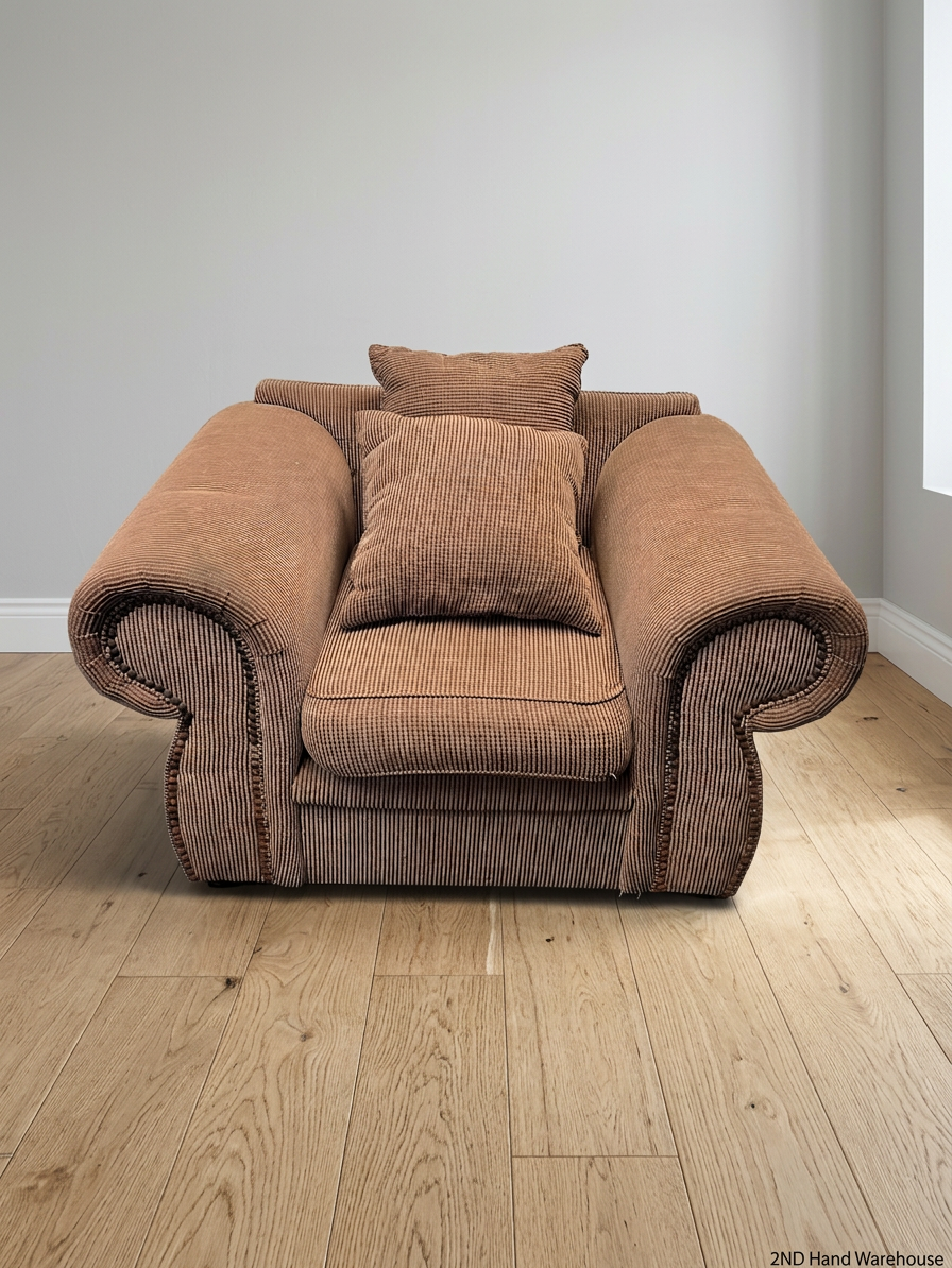 Brown Ribbed 1 Seater Couch with Scrolled Arms – styled product image