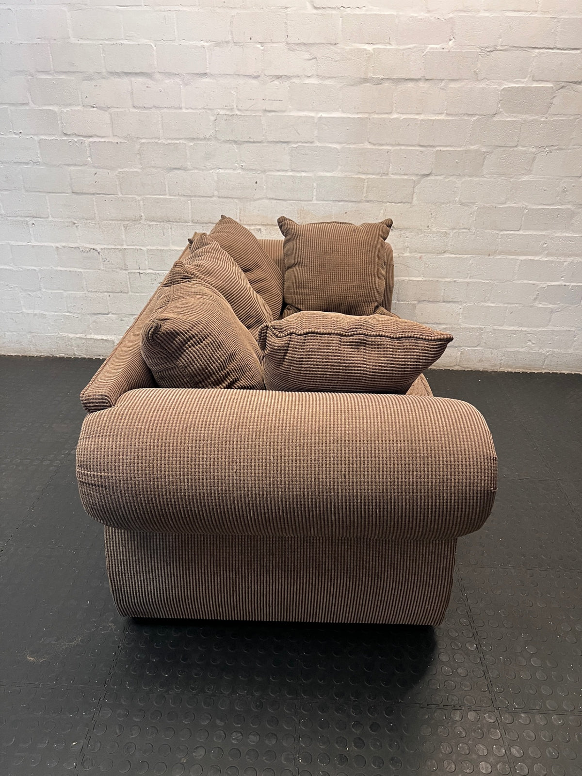 Upholstered 2 Seater Couch with Studded Roll Arms – back view