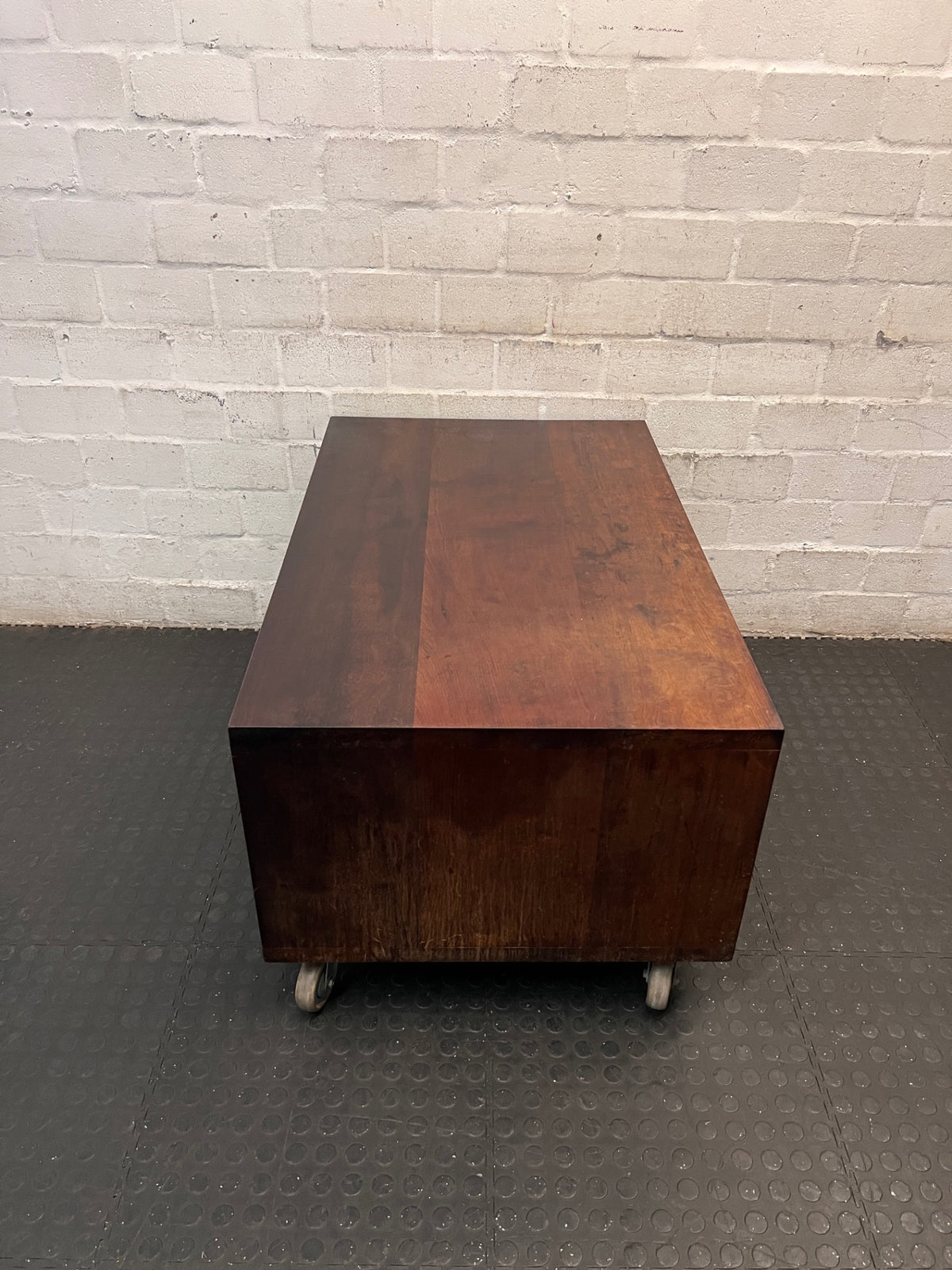 Solid Wood Rectangular Coffee Table on Wheels — Good Working Order – side view