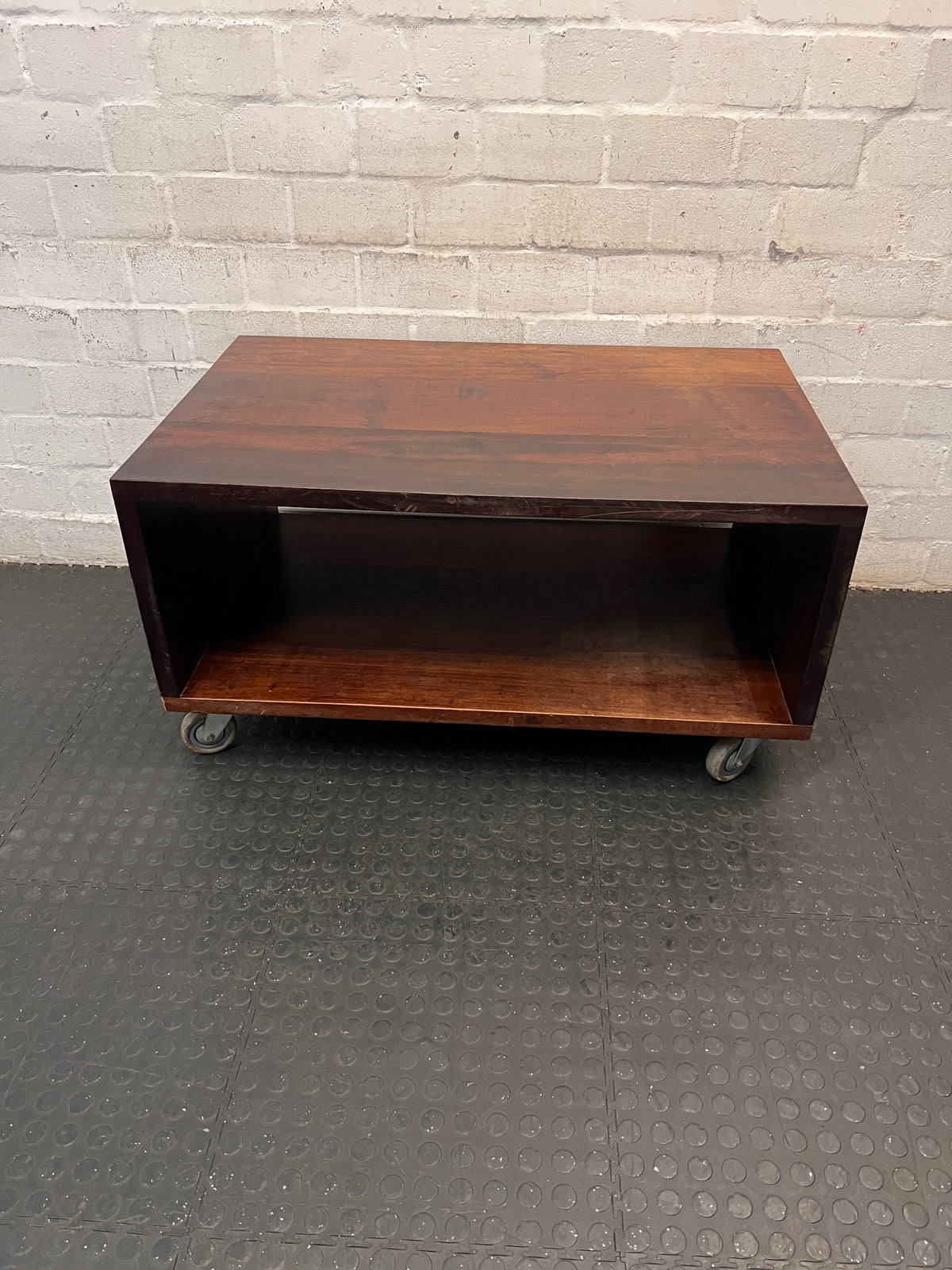 Solid Wood Rectangular Coffee Table on Wheels — Good Working Order – top view