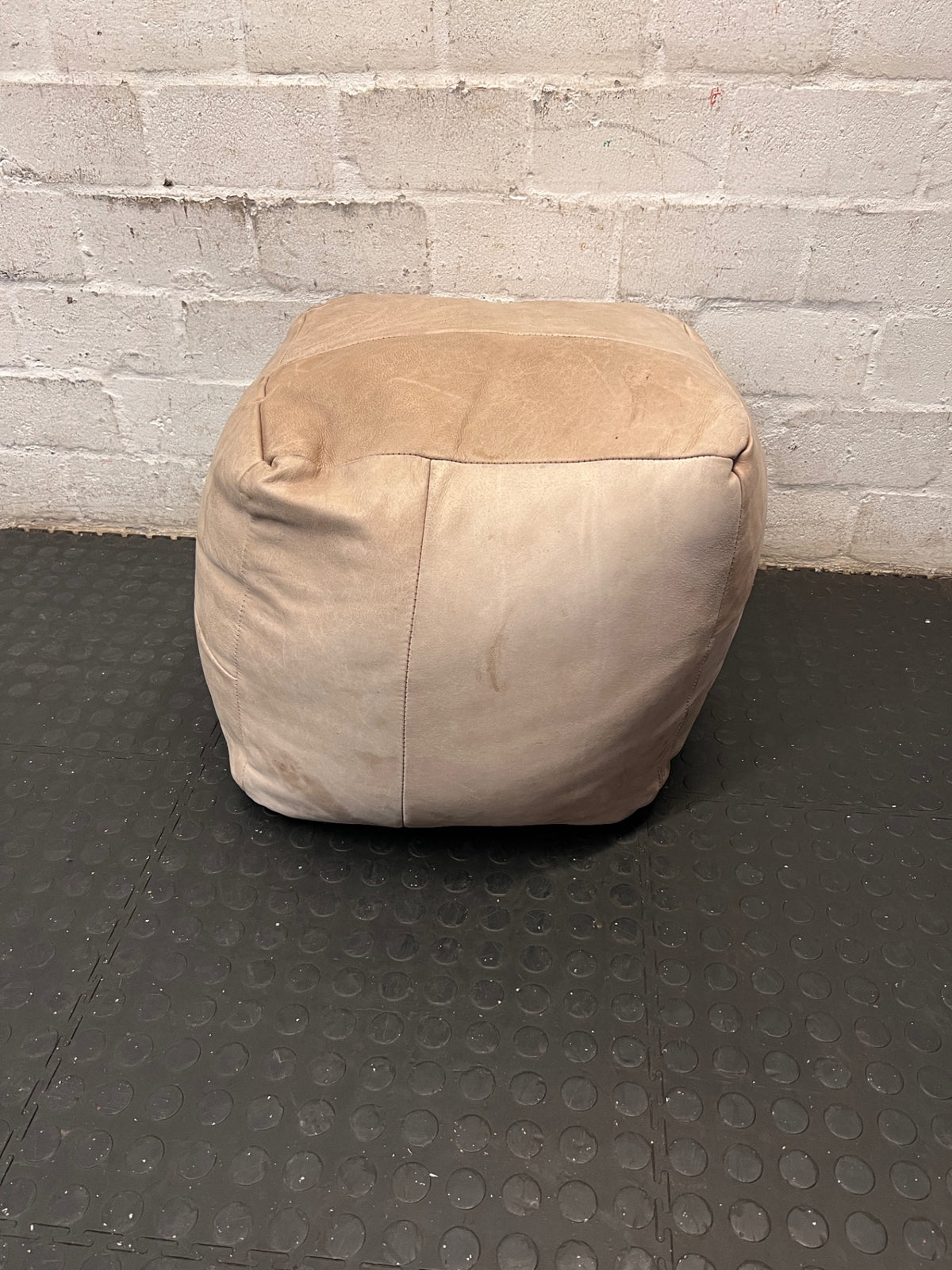 Natural Square Leather Ottoman – side view