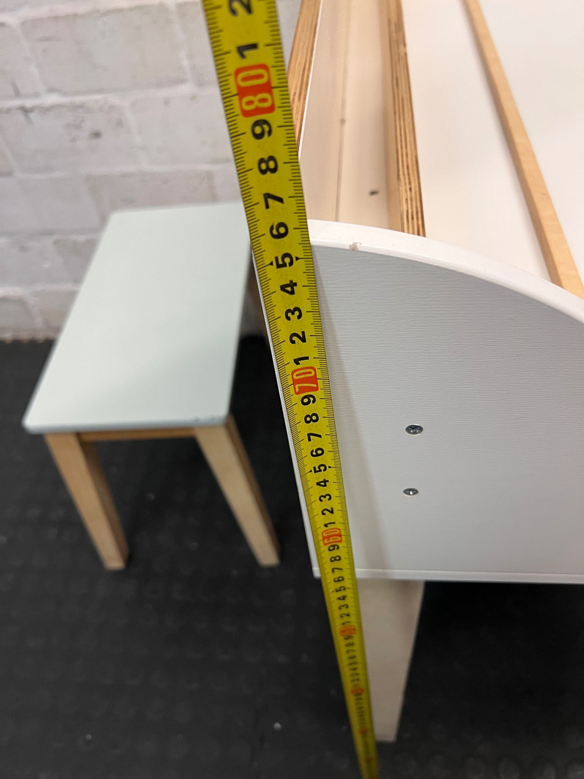 White and Oak Kids Desk with Matching Stool — Good Working Order – height measurement