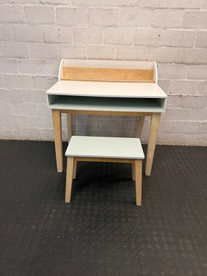 White and Oak Kids Desk with Matching Stool — Good Working Order – main front view
