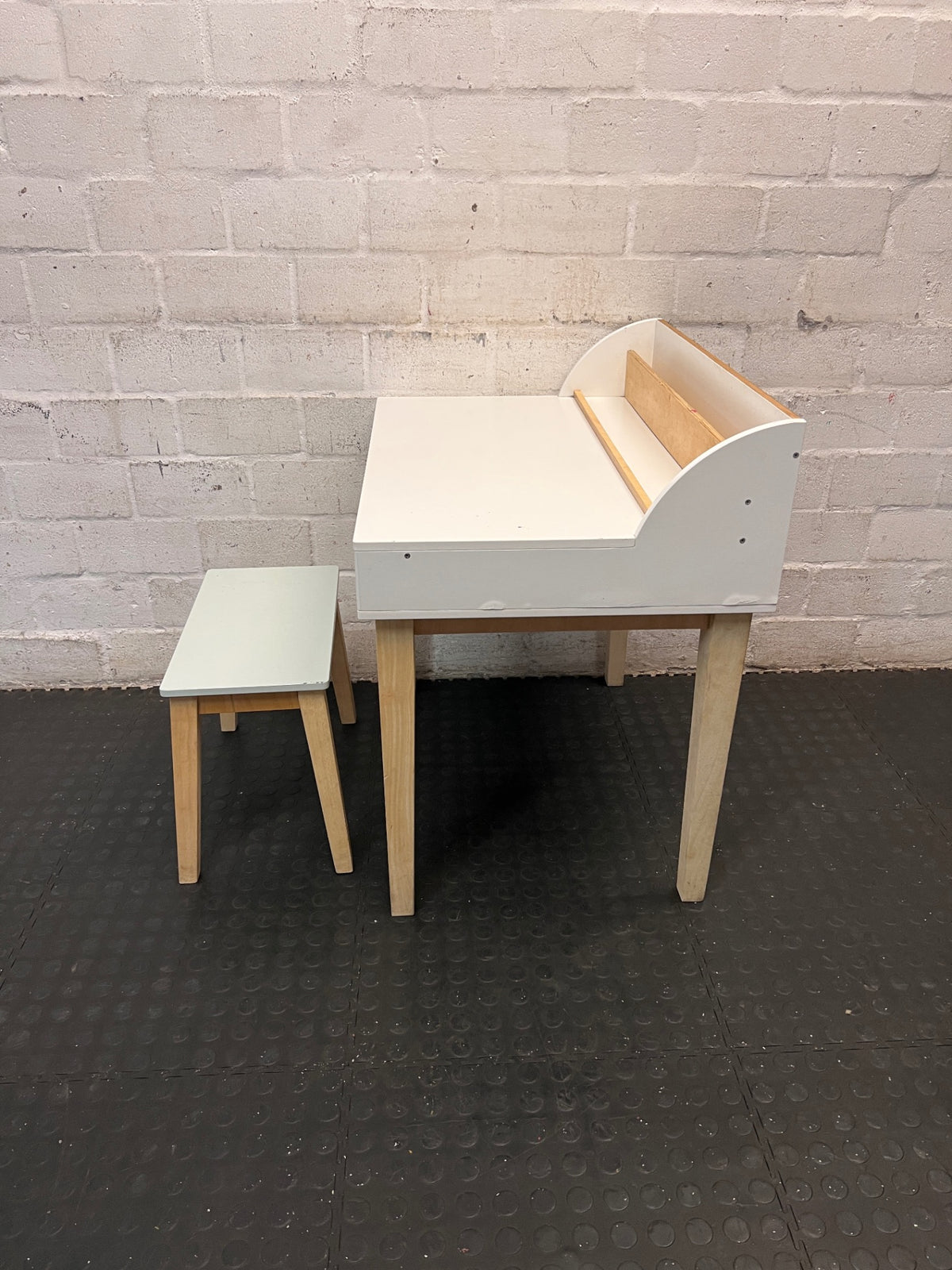 White and Oak Kids Desk with Matching Stool — Good Working Order – side view