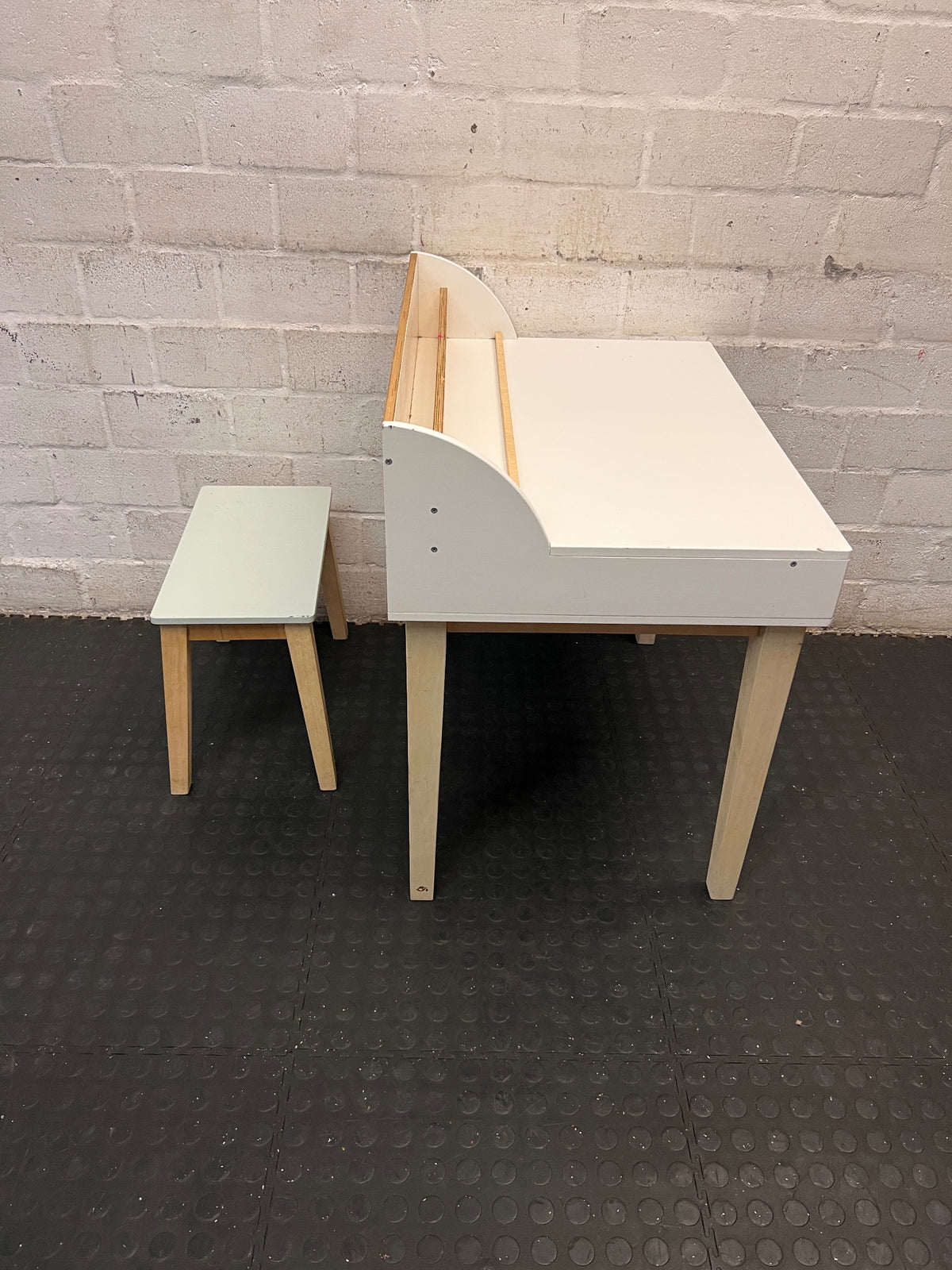 White and Oak Kids Desk with Matching Stool — Good Working Order – top view