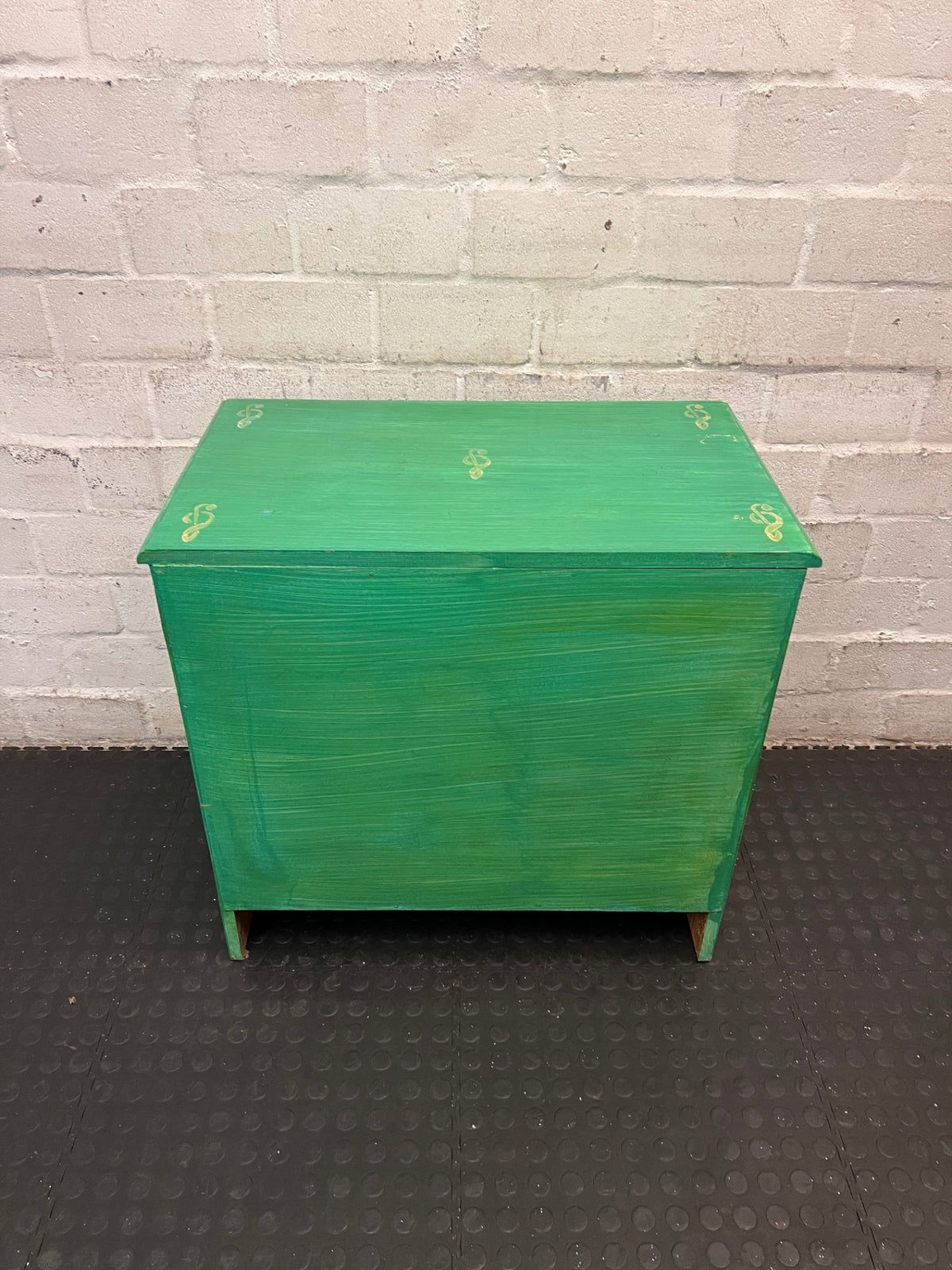 Green Four-Drawer Chest with Musical Note Motifs — Well Used with Aged Painted Finish – back view