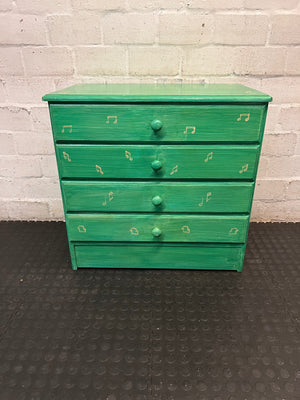 Green Four-Drawer Chest with Musical Note Motifs — Well Used with Aged Painted Finish – main front view