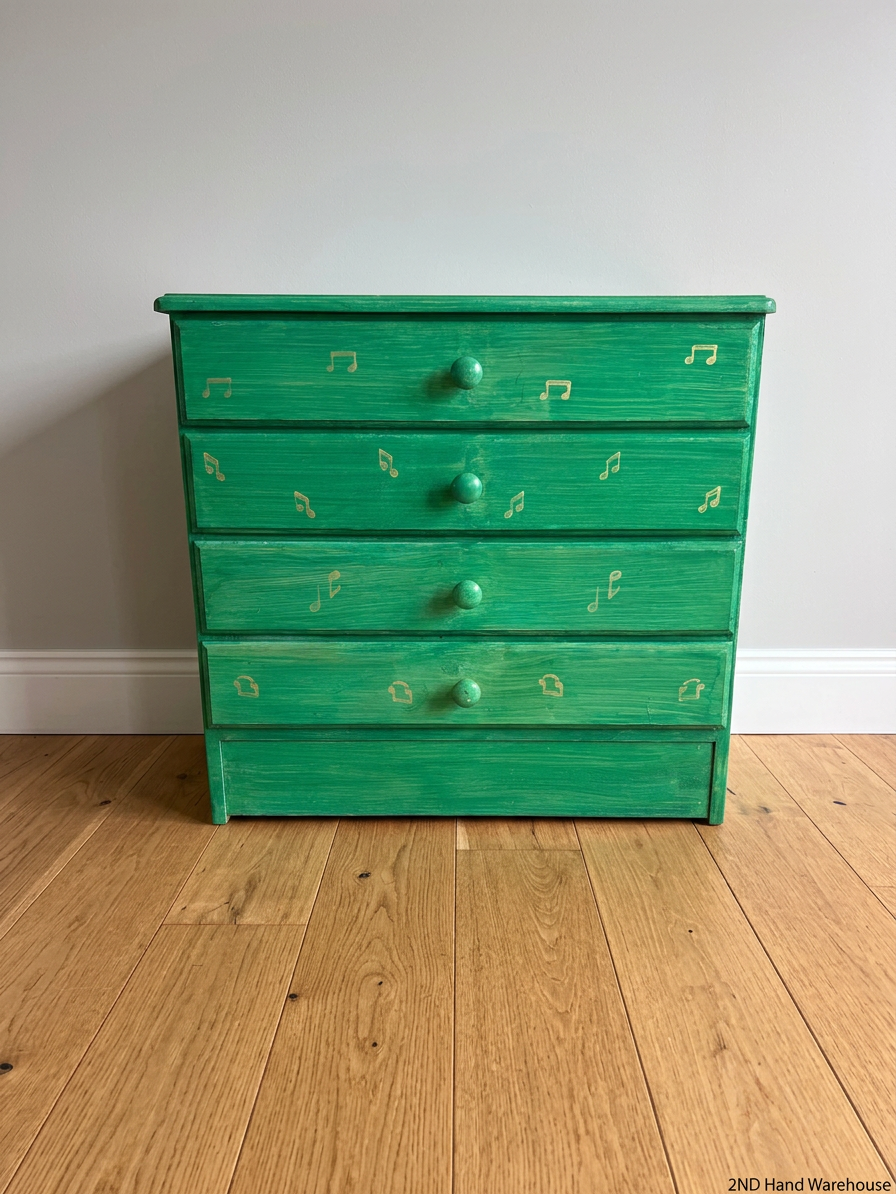 Green Four-Drawer Chest with Musical Note Motifs — Well Used with Aged Painted Finish – styled product image