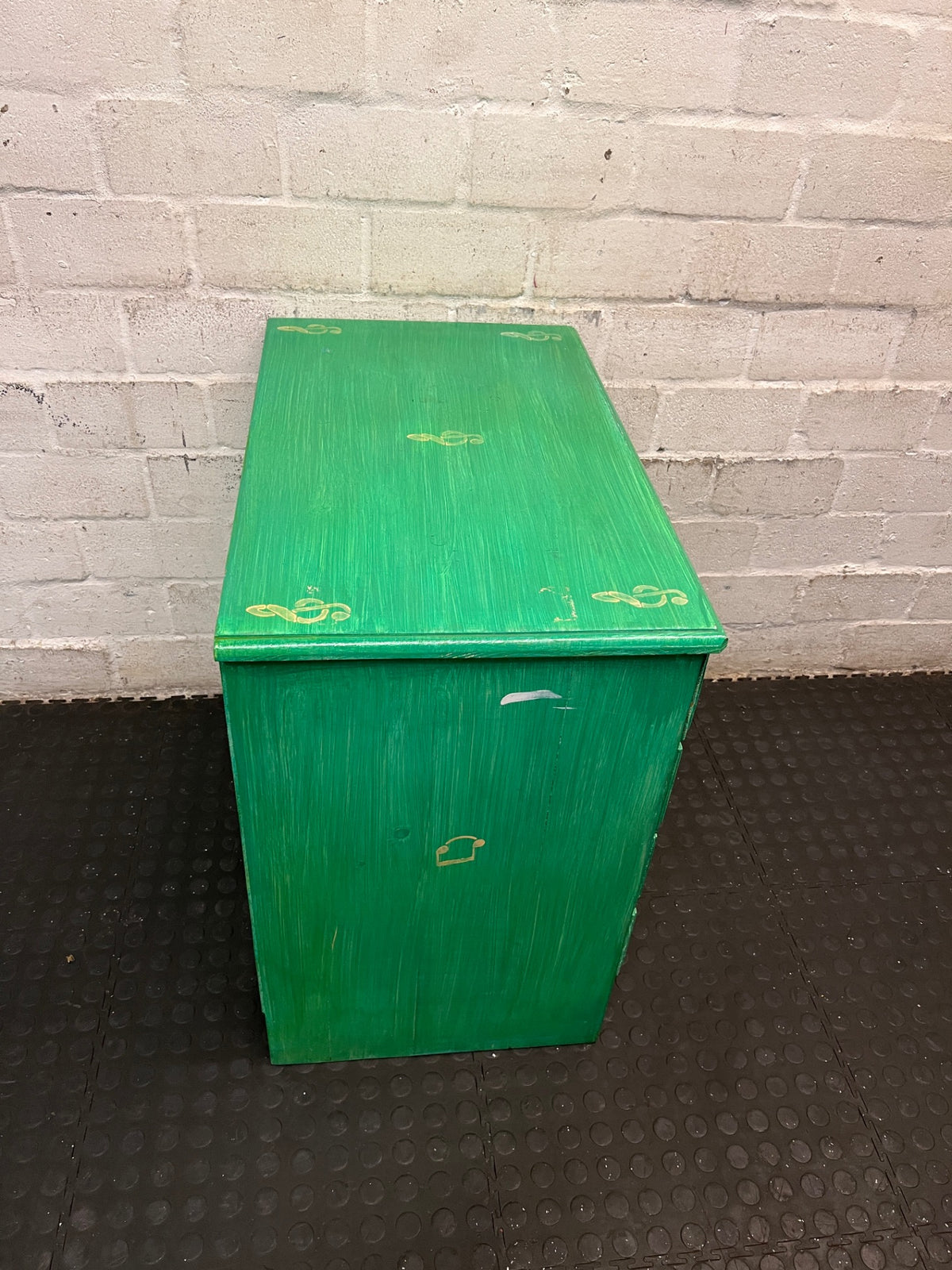 Green Four-Drawer Chest with Musical Note Motifs — Well Used with Aged Painted Finish – top view