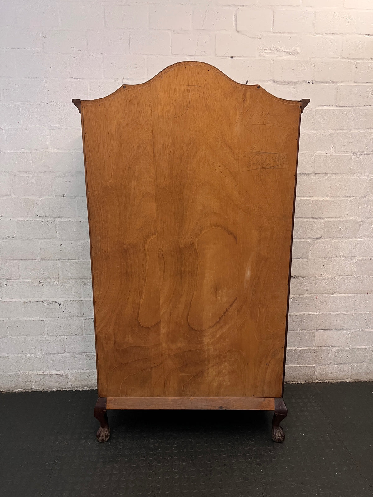 Scalloped Wood and Glass Display Cabinet with Drawer — Well Used Condition – back view