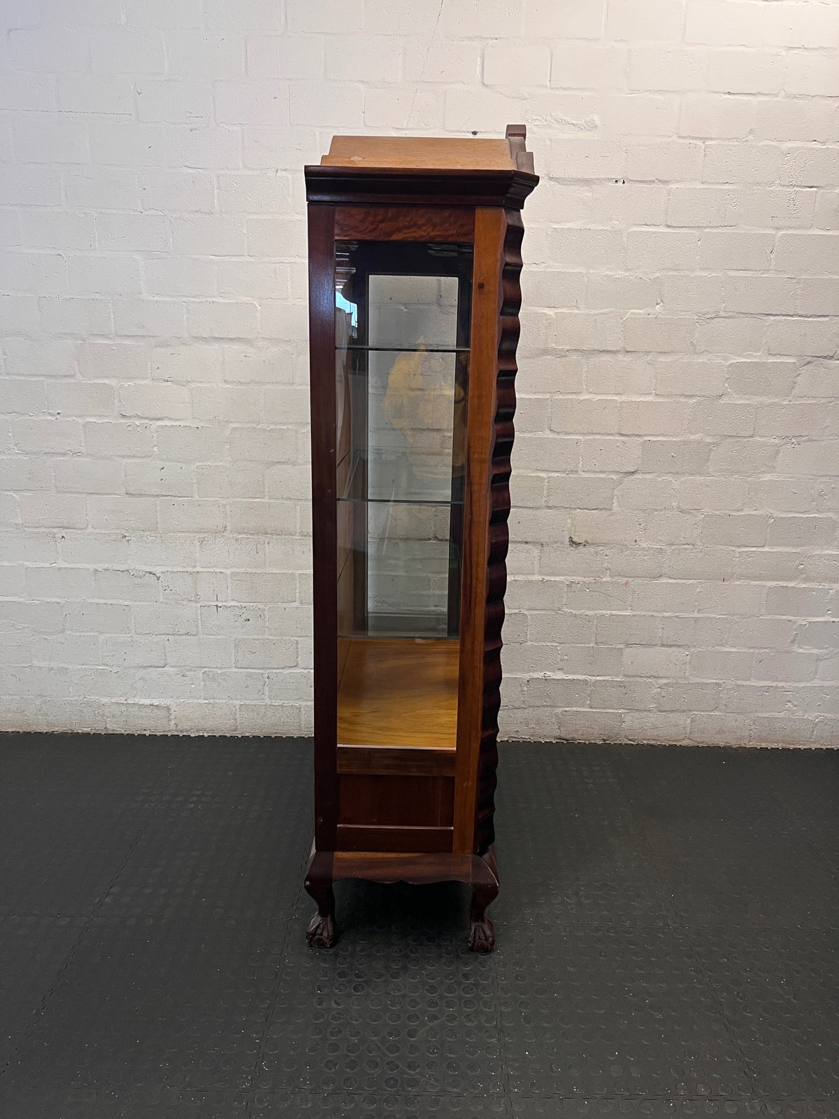 Scalloped Wood and Glass Display Cabinet with Drawer — Well Used Condition – condition detail