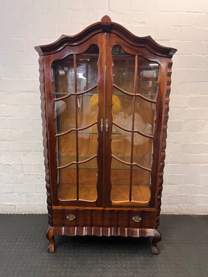 Scalloped Wood and Glass Display Cabinet with Drawer — Well Used Condition – main front view