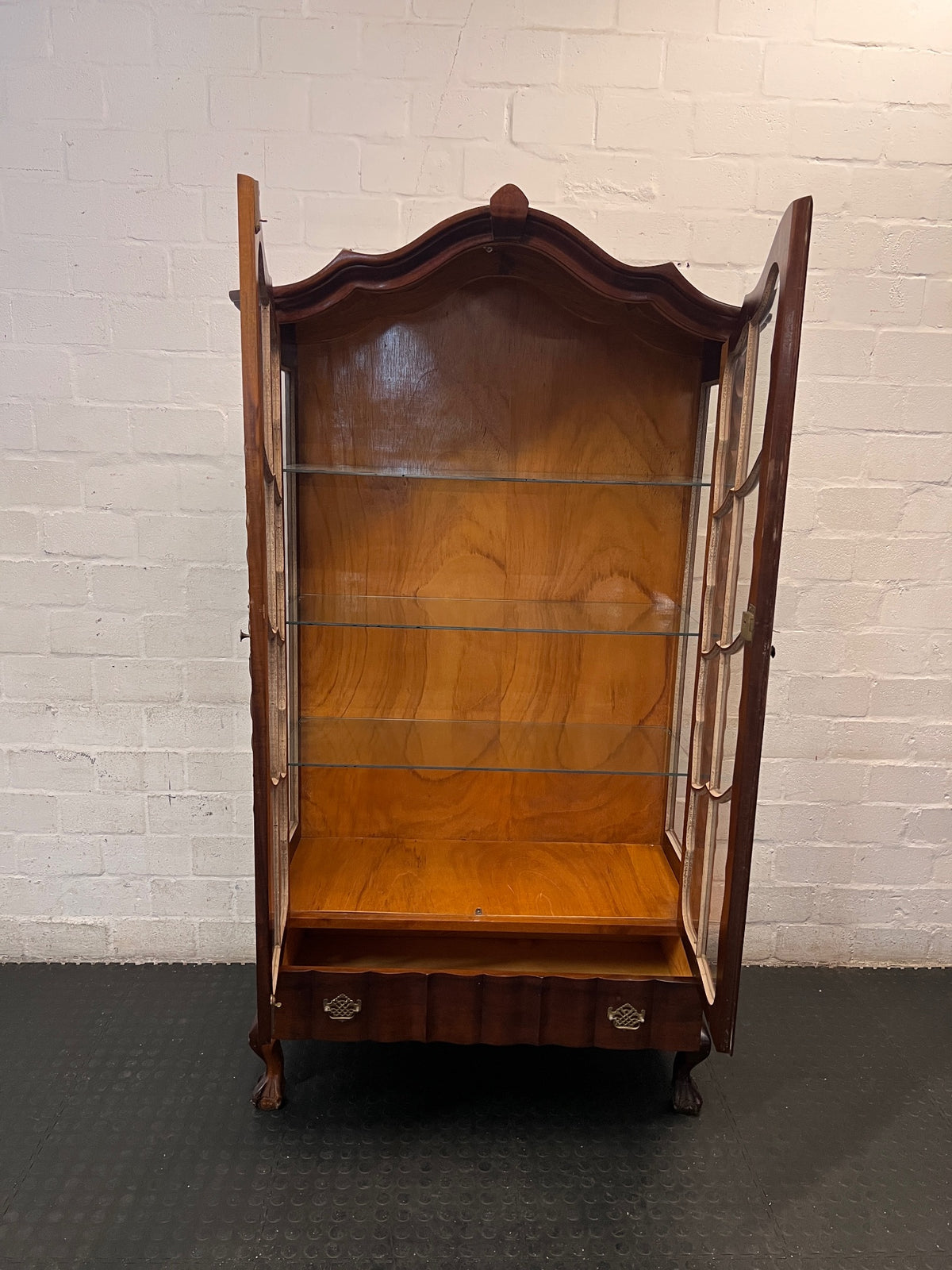 Scalloped Wood and Glass Display Cabinet with Drawer — Well Used Condition – side view