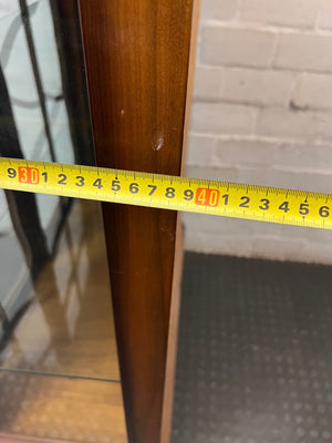 Scalloped Wood and Glass Display Cabinet with Drawer — Well Used Condition – width measurement