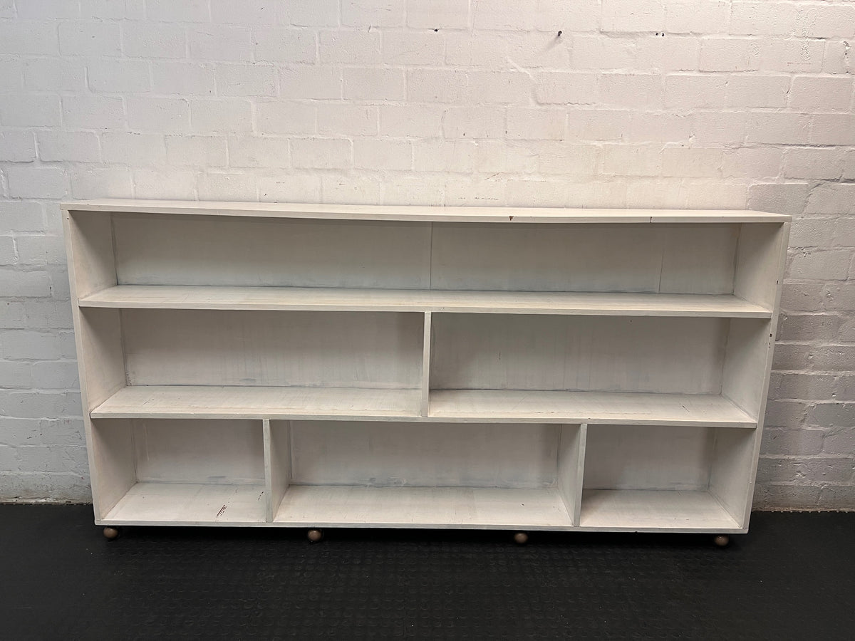 Wide White Asymmetrical 3-Tier Bookshelf — Handmade; Minor Structural Defects – main front view
