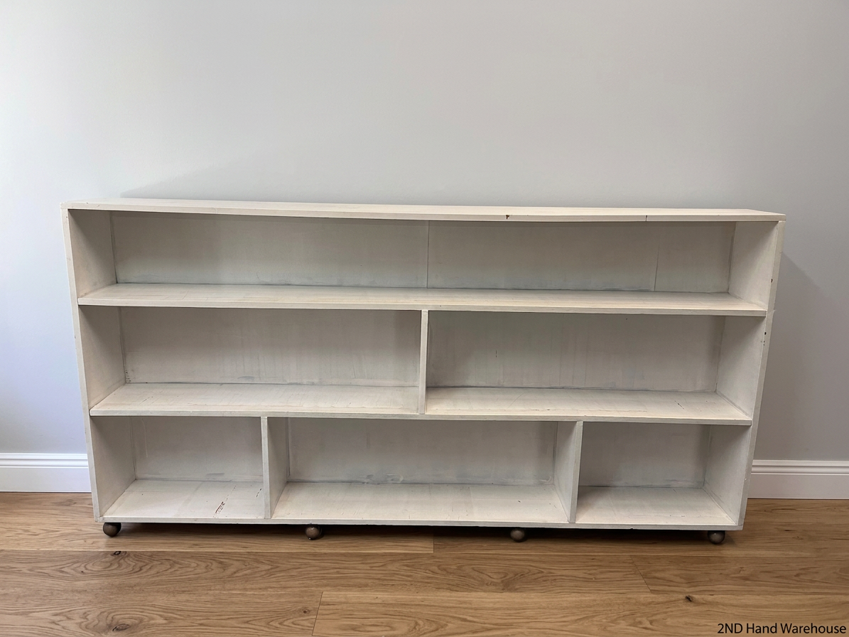 Wide White Asymmetrical 3-Tier Bookshelf — Handmade; Minor Structural Defects – styled product image