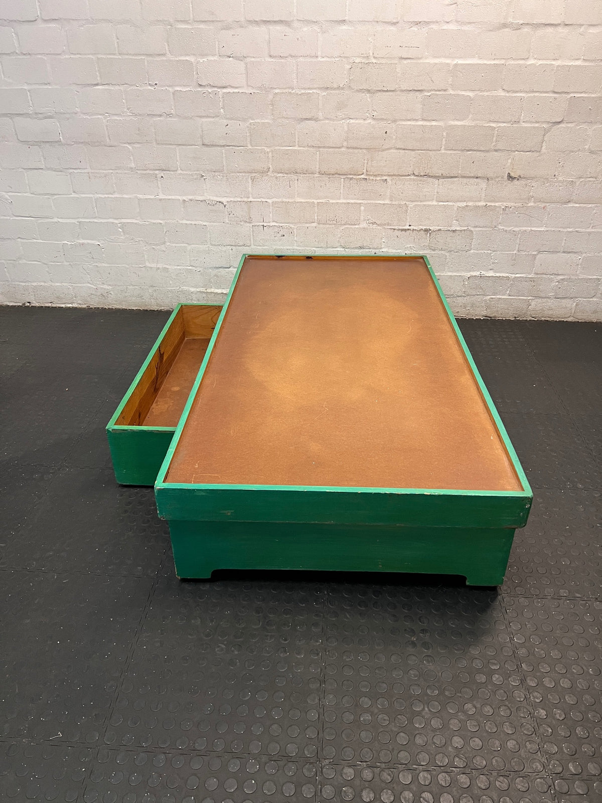 Green Box-Style Single Bed Frame — Fair Condition with Surface Wear – side view