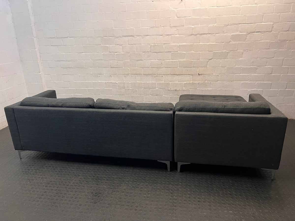 Grey Fabric L-Shape Sectional Couch with Metal Legs — Aged Grey Fabric; No Damage – back view